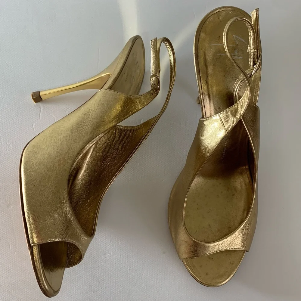 Giuseppe Zanotti Design Gold Leather slingback peeptoe heels EU size 39.5 US 9.5 - Picture 5 of 15
